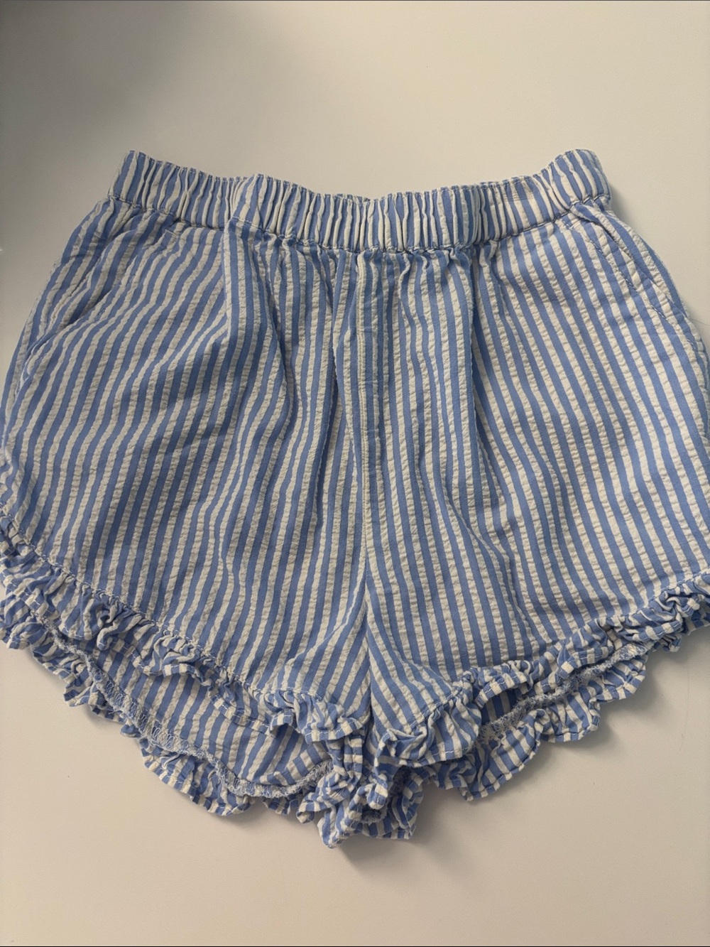 JCrew crewcuts Blue and White Striped Ruffle Hem girls Shorts size 8